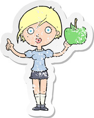 retro distressed sticker of a cartoon woman talking about health food