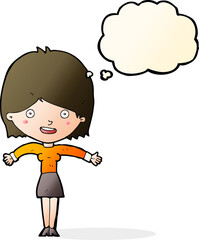 cartoon excited woman with thought bubble