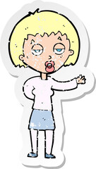 retro distressed sticker of a cartoon bored woman