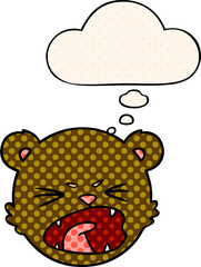 cute cartoon teddy bear face with thought bubble in comic book style