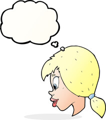 cartoon pretty female face with thought bubble