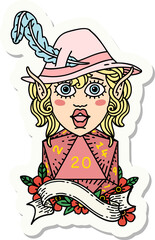 sticker of a elf bard with natural twenty dice roll