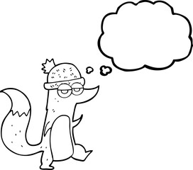 freehand drawn thought bubble cartoon little wolf wearing hat