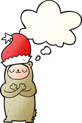 cartoon bear wearing christmas hat with thought bubble in smooth gradient style
