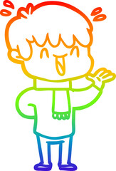 rainbow gradient line drawing of a cartoon laughing boy