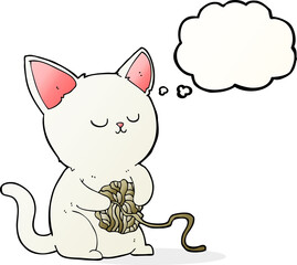 cartoon cat playing with ball of yarn with thought bubble