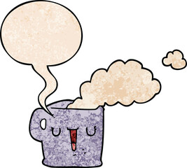 cartoon hot cup of coffee with speech bubble in retro texture style