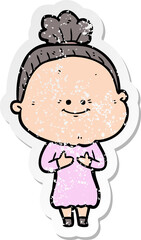distressed sticker of a cartoon happy old woman