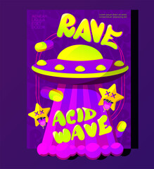 Psychedelic rave trip party banner template. Good design for textile t-shirt print design, flyer and poster. Vector cartoon hippie poster with druds