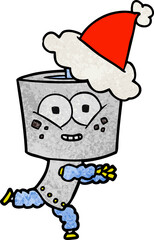 happy hand drawn textured cartoon of a robot wearing santa hat