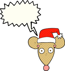 freehand drawn comic book speech bubble cartoon mouse in christmas hat