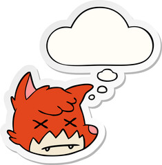cartoon dead fox face with thought bubble as a printed sticker