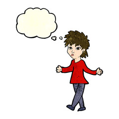 cartoon woman shrugging shoulders with thought bubble