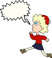 freehand drawn comic book speech bubble cartoon running woman