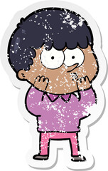distressed sticker of a cartoon curious boy