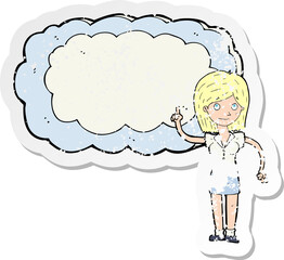 retro distressed sticker of a cartoon woman with text space cloud