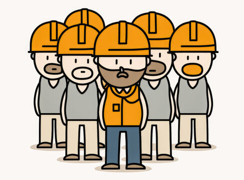 Image of a male team leader in overalls and hard hat, surrounded by employees. Represents safety and professionalism in manual labor and construction. Generative AI