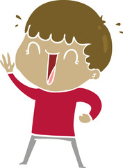 laughing flat color style cartoon man waving