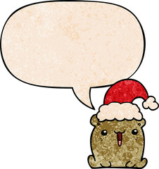 cute cartoon bear with christmas hat with speech bubble in retro texture style