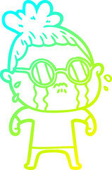 cold gradient line drawing of a cartoon crying woman wearing spectacles