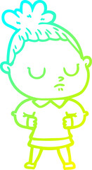 cold gradient line drawing of a cartoon calm woman