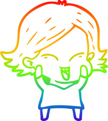rainbow gradient line drawing of a happy cartoon girl