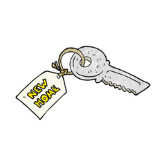 freehand textured cartoon house key with new home tag