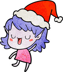 hand drawn textured cartoon of a elf girl wearing santa hat