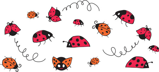 Cartoon cute Ladybugs vector illustration. Cartoon ladybirds flying, Summer insect digitall illustration. Doodle bugs illustration.