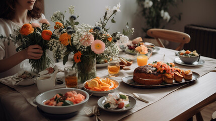 Naklejka premium Brunch table with flowers and woman in the background soft focus. Generative AI,