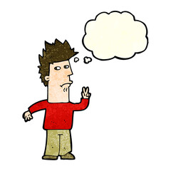 cartoon man giving peace sign with thought bubble
