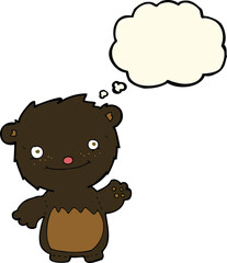 cartoon waving black bear cub with thought bubble