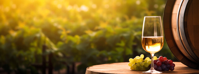 Fototapeta na wymiar Glass of wine, winery concept background in garden vineyards soft focus. Generative AI,