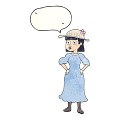 freehand speech bubble textured cartoon woman in sensible dress