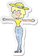 retro distressed sticker of a cartoon woman spreading arms