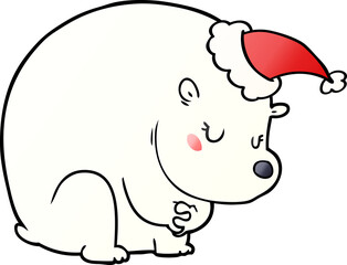 cute hand drawn gradient cartoon of a polar bear wearing santa hat