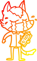 warm gradient line drawing of a cartoon crying wolf wearing work clothes