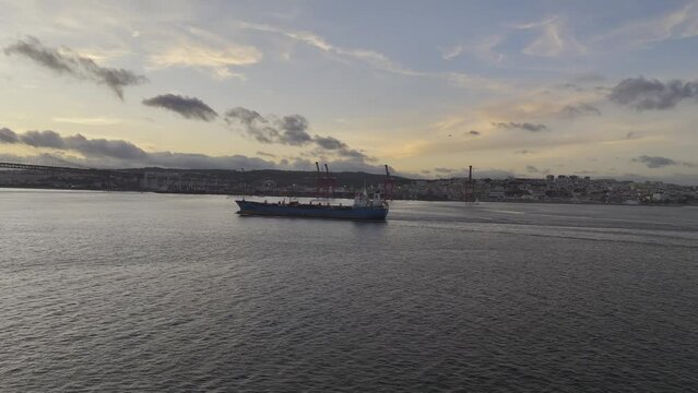 Drone footage of tanker ship in Lisbon.