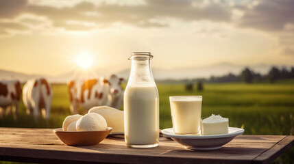 a bottle of milk, a glass of milk and a plate of cheese on a table in front of a field of cows. Generative AI, - obrazy, fototapety, plakaty