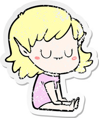 distressed sticker of a happy cartoon elf girl