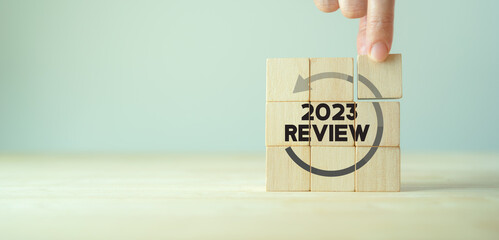 2023 Annual review, business and customer review. Review evaluation time for review inspection assessment auditing. Learning, improvement, planning and development. End of year business concept. - obrazy, fototapety, plakaty