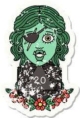 grunge sticker of a half orc rogue with natural 20 dice roll