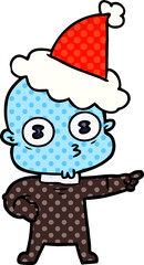 hand drawn comic book style illustration of a weird bald spaceman wearing santa hat