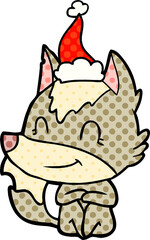 friendly hand drawn comic book style illustration of a wolf wearing santa hat