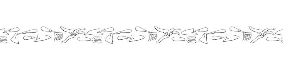 Fototapeta premium Edging, ribbon, border of outline garden tools: hoes, fork, pruner, pruning shears. Equipments for working. Vector color seamless pattern, divider, ornament on topic of gardening, farming, agriculture