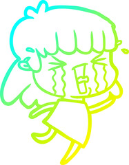 cold gradient line drawing of a cartoon woman in tears