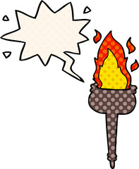 cartoon flaming chalice with speech bubble in comic book style