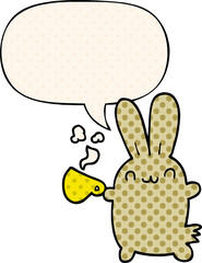 cute cartoon rabbit drinking coffee with speech bubble in comic book style