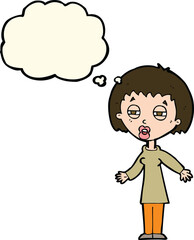 cartoon tired woman with thought bubble