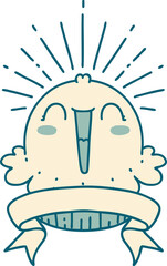 scroll banner with tattoo style happy singing cupcake